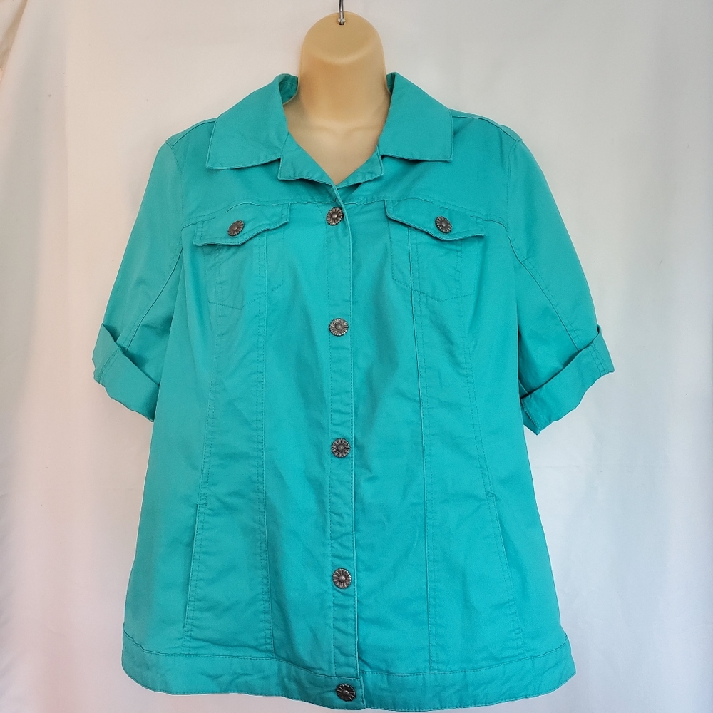 Womens Dressbarn Turquoise Button Down Collar Shirt with Pockets Size 14 16